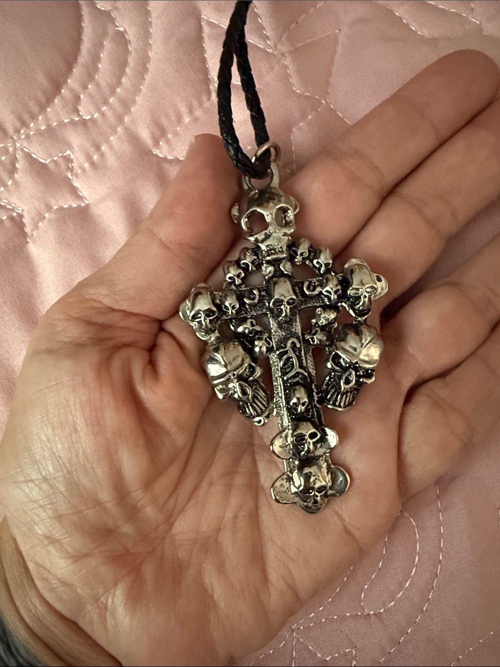 Black Cord Necklace with Silver Floral Cross Pendant